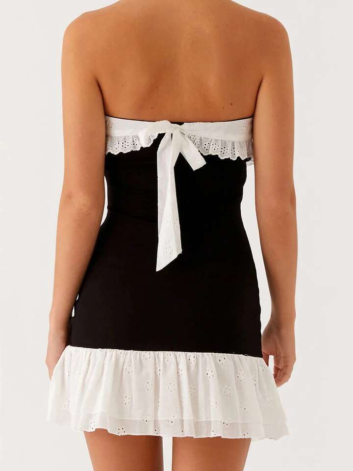 Elegant Off-shoulder Lace Floral Bodycon Dress Sleeveless Hollow Out Fit Cocktail Party Tube Dress Clubwear for Women