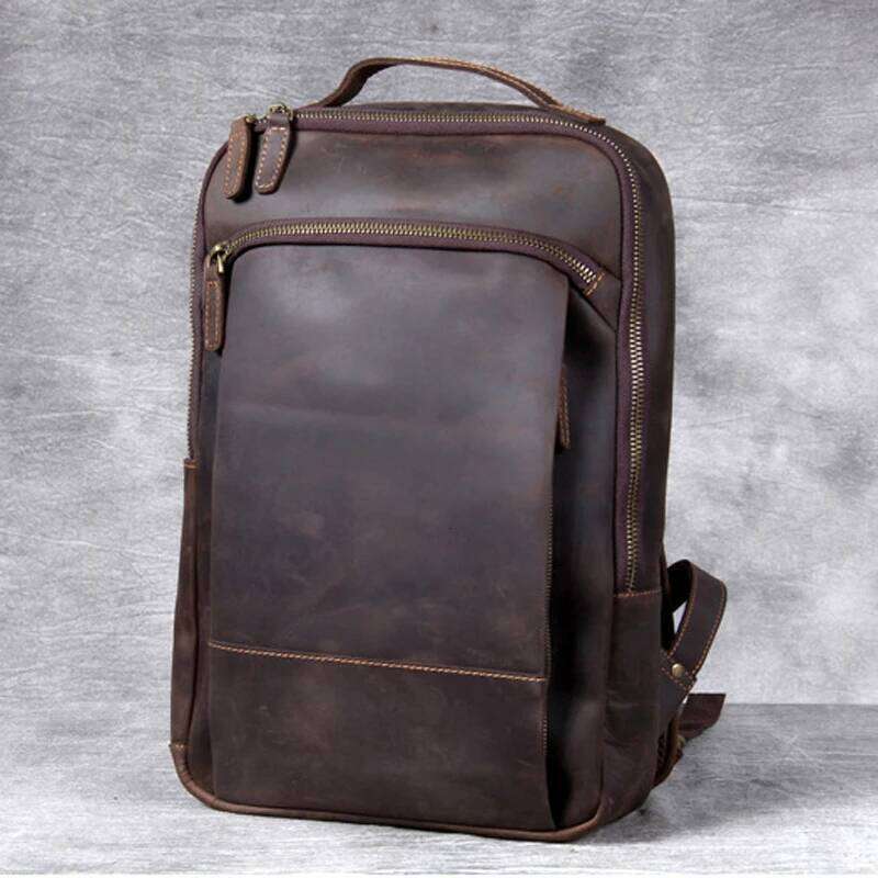 Designer Bag Vintage Crazy Horse Genuine Men Backpack Laptop Leather Daily Bagpack Male Rucksack Trave Hiking Knapsack Large