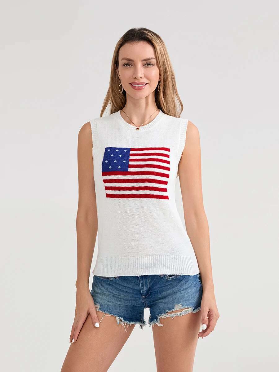 Womens Sleeveless Knit Tank Top with American Flag Print Casual Summer Vest for Daily Wear and Date Nights