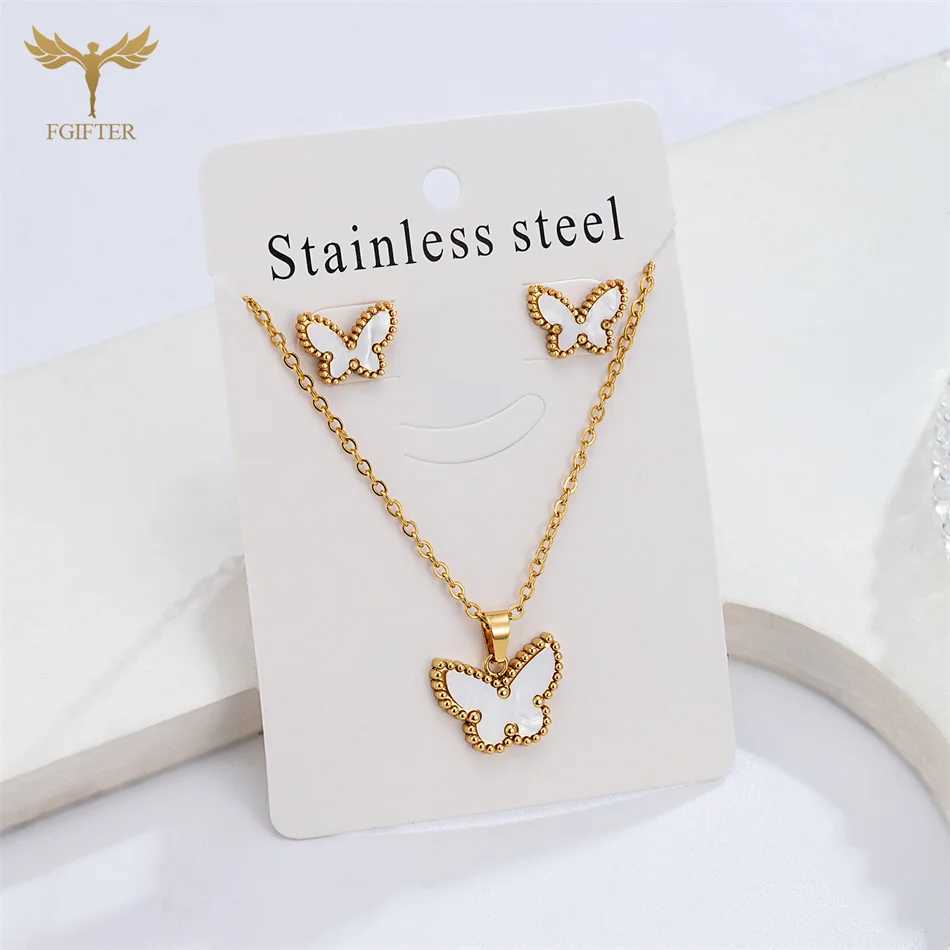 Golden Stainless Steel Shell Butterfly Necklace Earrings Jewelry Set White Black Red Green Butterfly Stud Pendant Girl Gifts Z250607