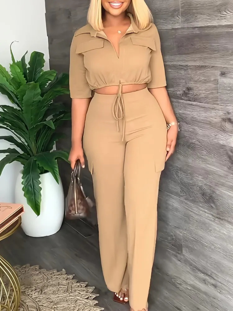 Elegant Office Women Two Piece Sets Autumn V Turn-down Neck Half Sleeve Drawstring Lace Up Short Shirt Wide Leg Trousers Set 250605