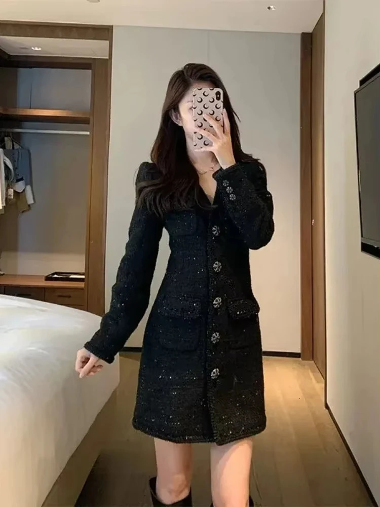 Vintage Tweed Mini Dress Women Elegant V Neck Black Long Sleeve Dresses Korean Single Breasted Bodycon A Line Vestidos 250603