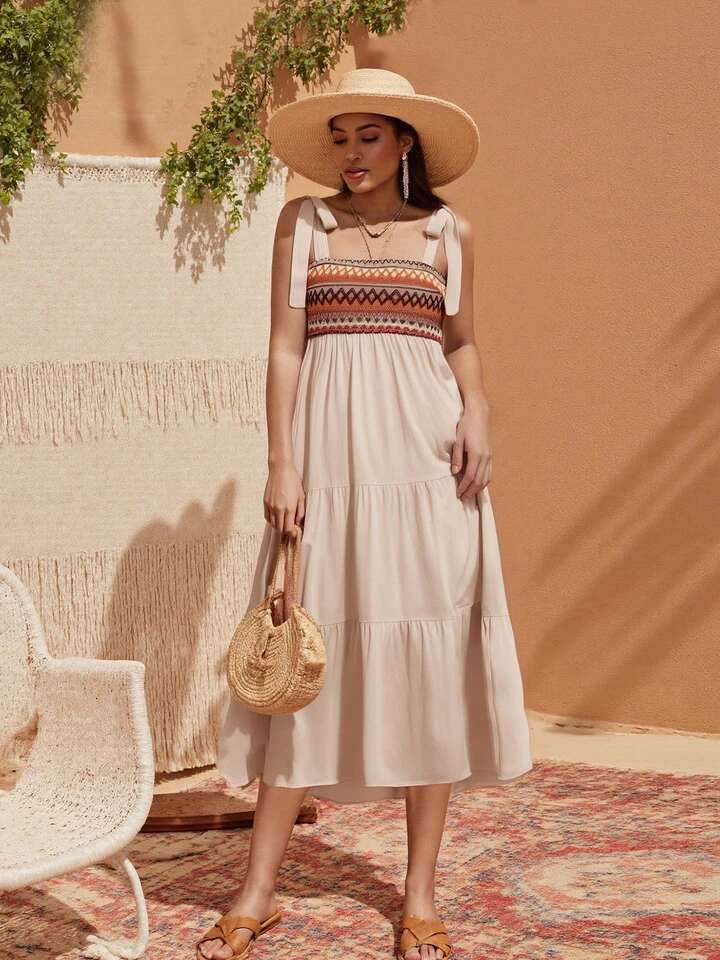 Bohemian Floral Print Off-shoulder Maxi Dress with Ruffle Hem and Tie Waist Detail for Womensummer Beach Party