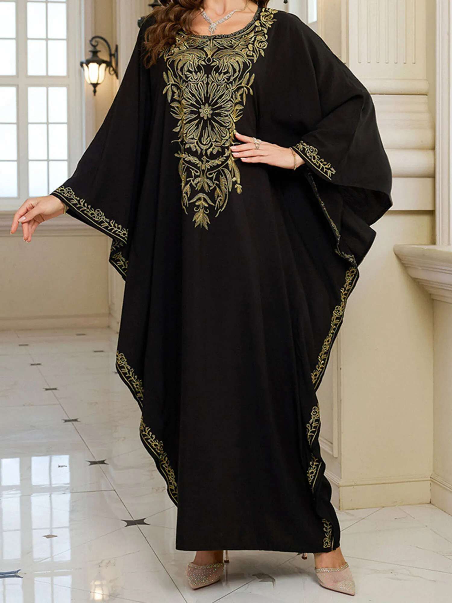 Womens Long Sleeve Floral Embroidered Beach Cover Up Dress with Round Neckline and Loose Fit for Arabic Style Beachwear