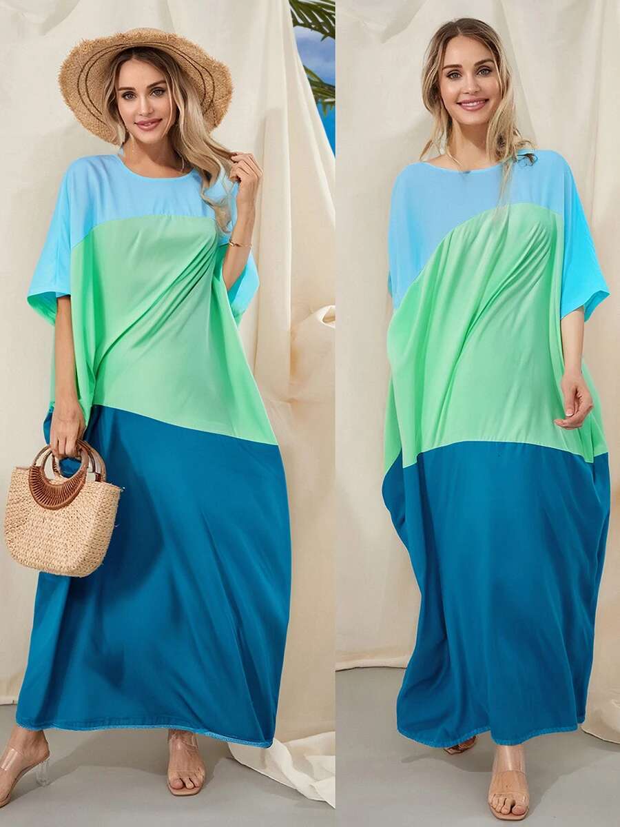 Elegant Maxi Dress Short Sleeve V-neck Floral Print A-line Boho Beach Party Dress with Pockets for Women