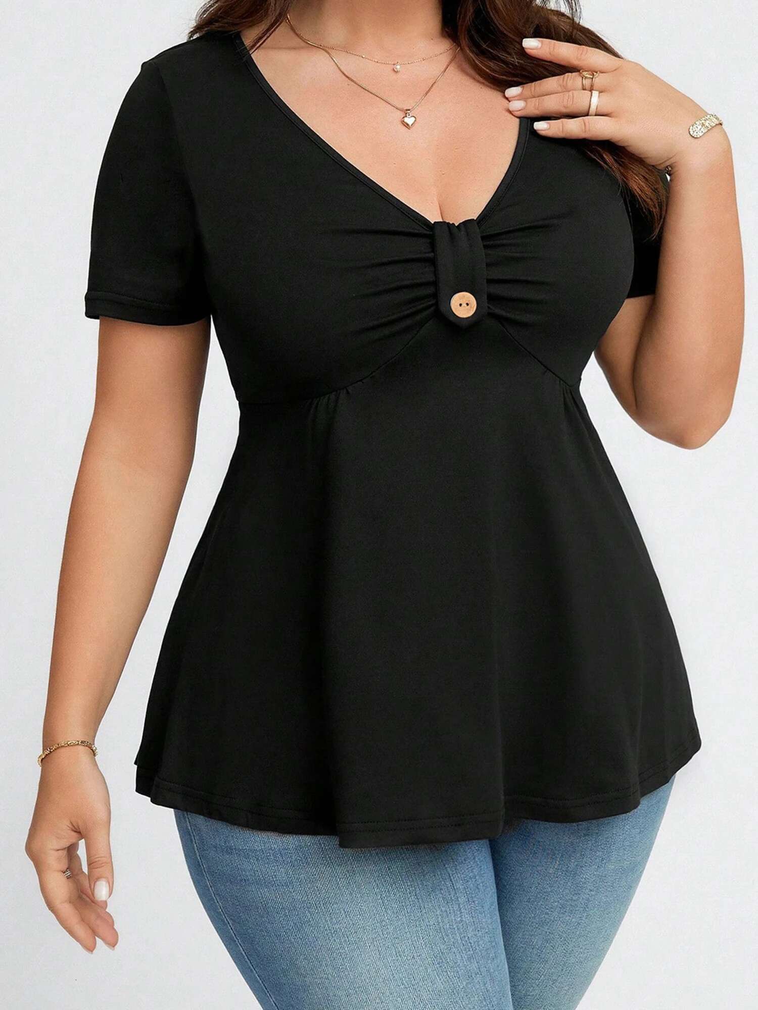 Women Plus Size Babydoll Tops Floral Print Ruched Button v Neck Short Sleeve Ruffle Shirts Casual Summer Streetwear Fashion