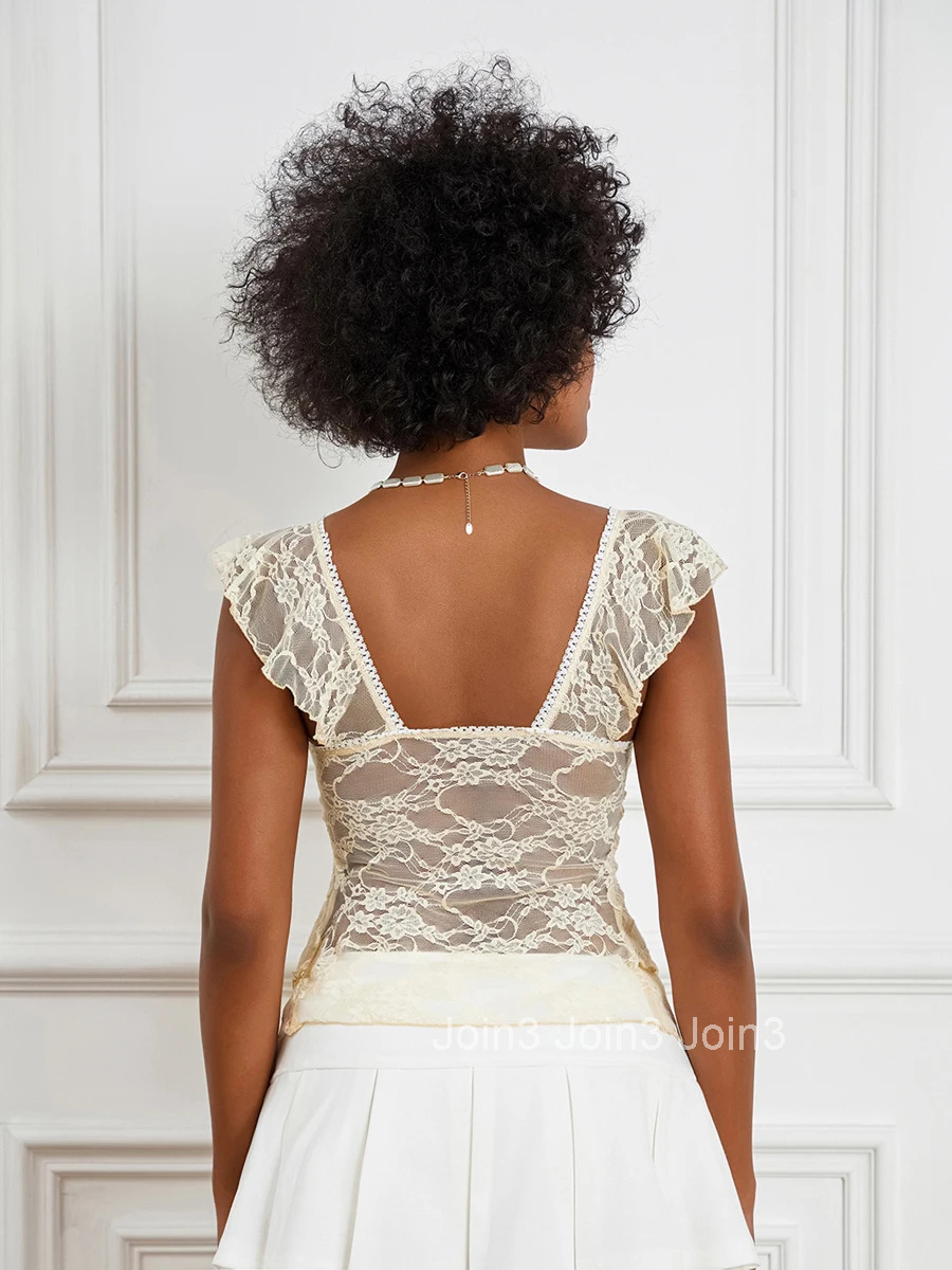 Elegant Lace Trimmed v Neck Crop Top with Flutter Sleeves and Double Layered Lotus Hem for Womens Summer Style