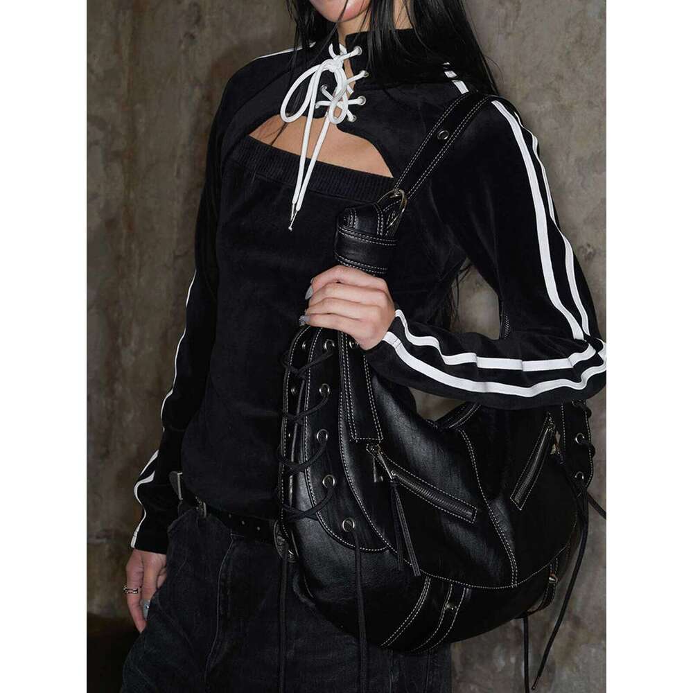 OLOEY Black Y2k Women Shoulder Vintage Punk Goth Fashion Designer Pu Leather Tote Bag Large Capacity Motorcycle Handbag