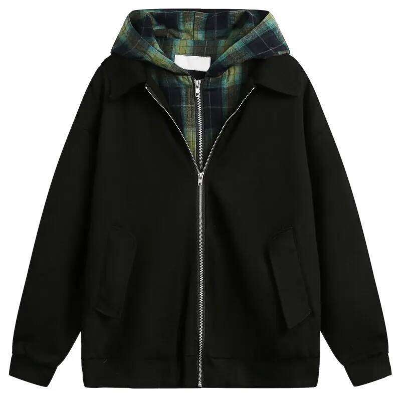 Vintage Hooded Jacket Y2K Plaid Checkered Patchwork Double Zipper Up Coats Haruku Hip Hop Casual Baggy Solid Hoodie Jackets
