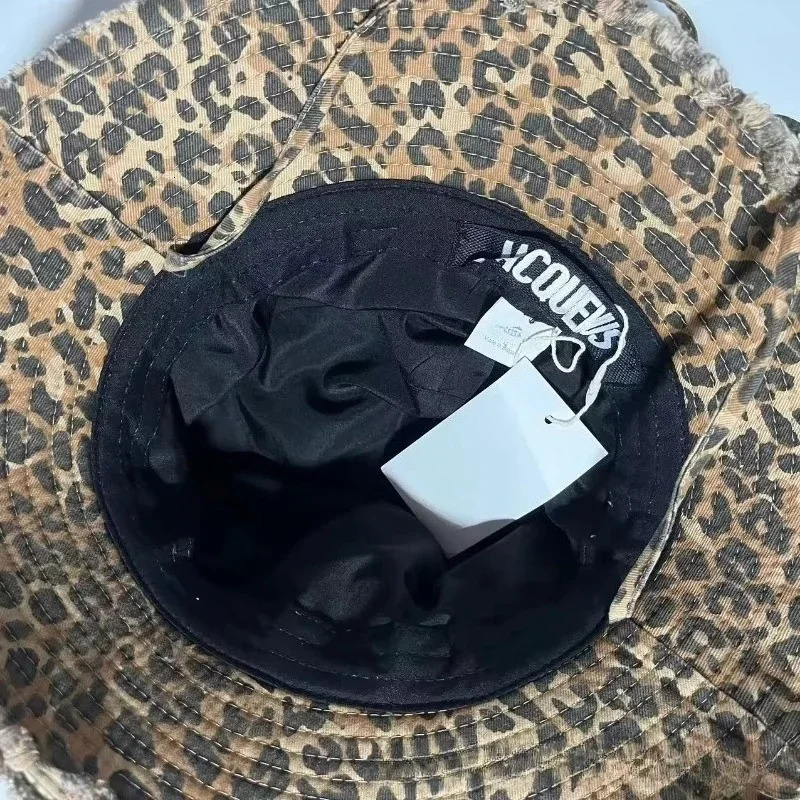 Retro Mens Leopard Print Washed Border Mens Fisherman Hats Seasonal Hanging Rope Outdoor Travel Basin Hats Sun Hats 250605