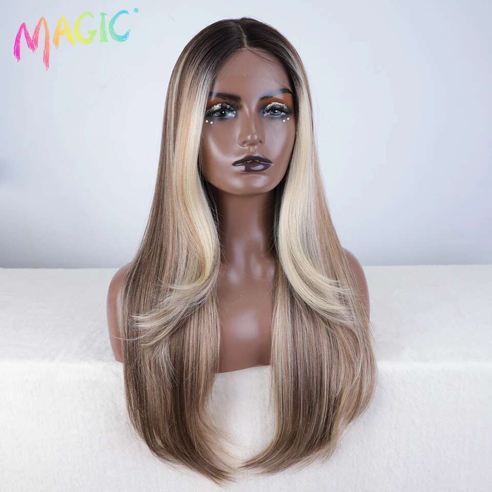 NAMM Magic Synthetic Front Wigs For Women Straight 28 Inche Bob Ombre Brown Blonde White Lace Glueless Cosplay Wig