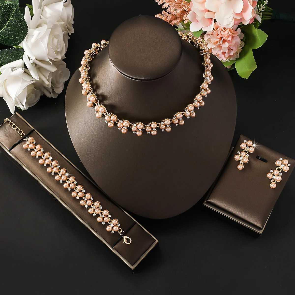 4PC Womens Fashion Simple Imitation Pearl Rhinestone Necklace Earrings Jewelry Set Suitable for Wedding Party Festival Gifts Z250607