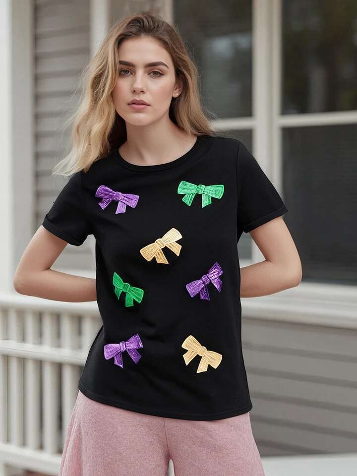 Womens Stylish Summer Short Sleeve Round Neck Sequins Embellished Loose Fit T-shirt with Bow Detail