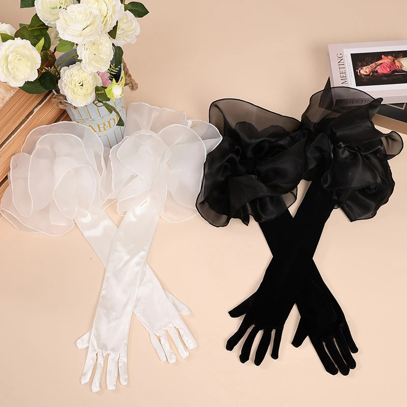 Elegant Mesh Ruffles Velvet Long Gloves Solid Color Hand Sleeve For Women Bridal Wedding Dress party Dress Etiquette Gloves 250603