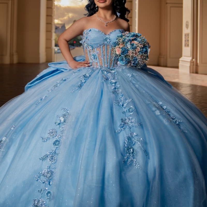 Sky Blue Shiny Quinceanera Dresses Ball Gown Off The Shoulder Applique Lace Beading Bow Tull Sweet 16 Dress Vestidos 15 De Anos
