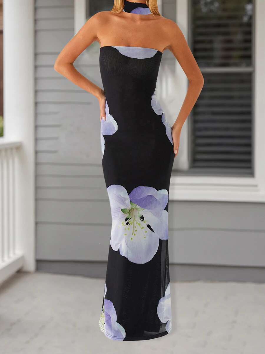 Elegant Lace Halter Neck Maxi Dress with Ruffle Hem and Matching Belt for Women Wedding Party Evening Gown