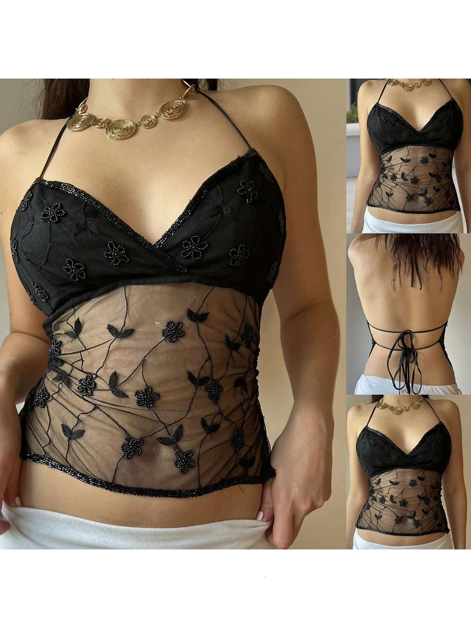 Womens Embroidered Mesh Sleeveless Halter Crop Top with Beaded Flowers and Tie-up Back - Stylish Streetwear Fashion