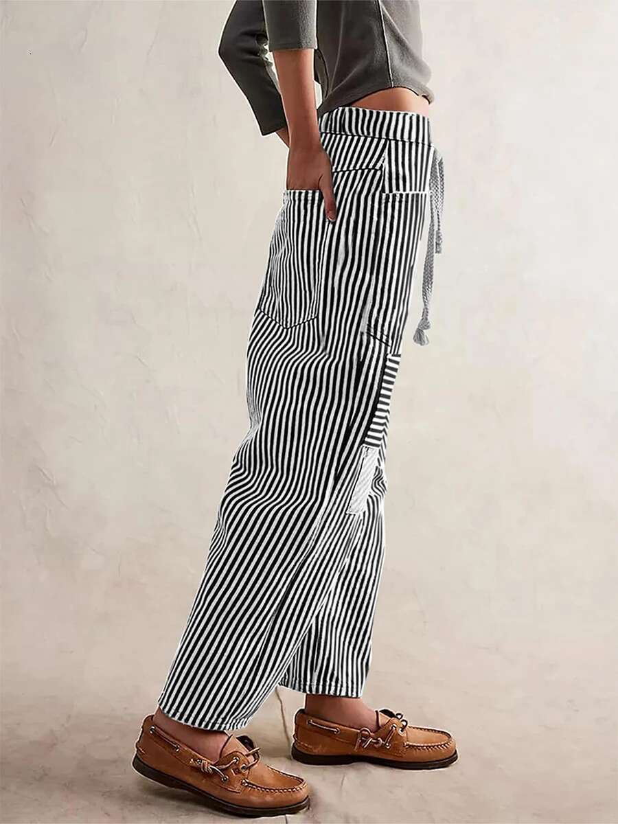 Women High Waisted Striped Palazzo Pants Casual Loose Fit Wide Leg Trousers with Drawstring Elastic Waist and Pockets