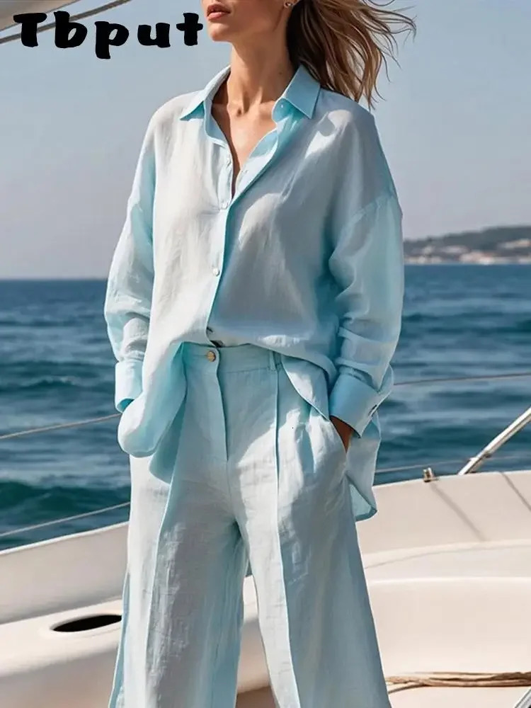 Fashion Womens Shirt Shorts Suits Long Sleeve Turn-Down Collar Button Short Pants Solid Lady Sets 2025 Summer Women Outfit 250605