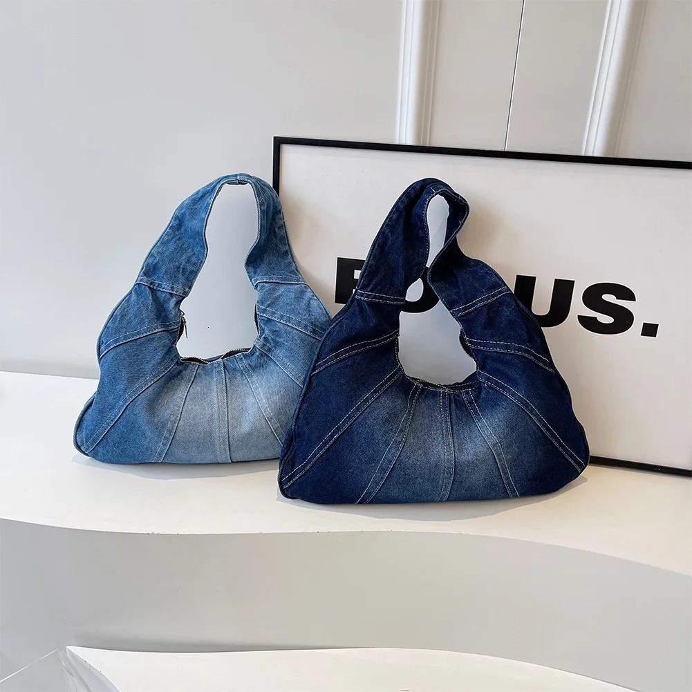 Women Denim Handbag Trendy Shoulder Bag with Zipper Underarm Purse With Pocket Clutch Bag for Work Travel Shopping 250606