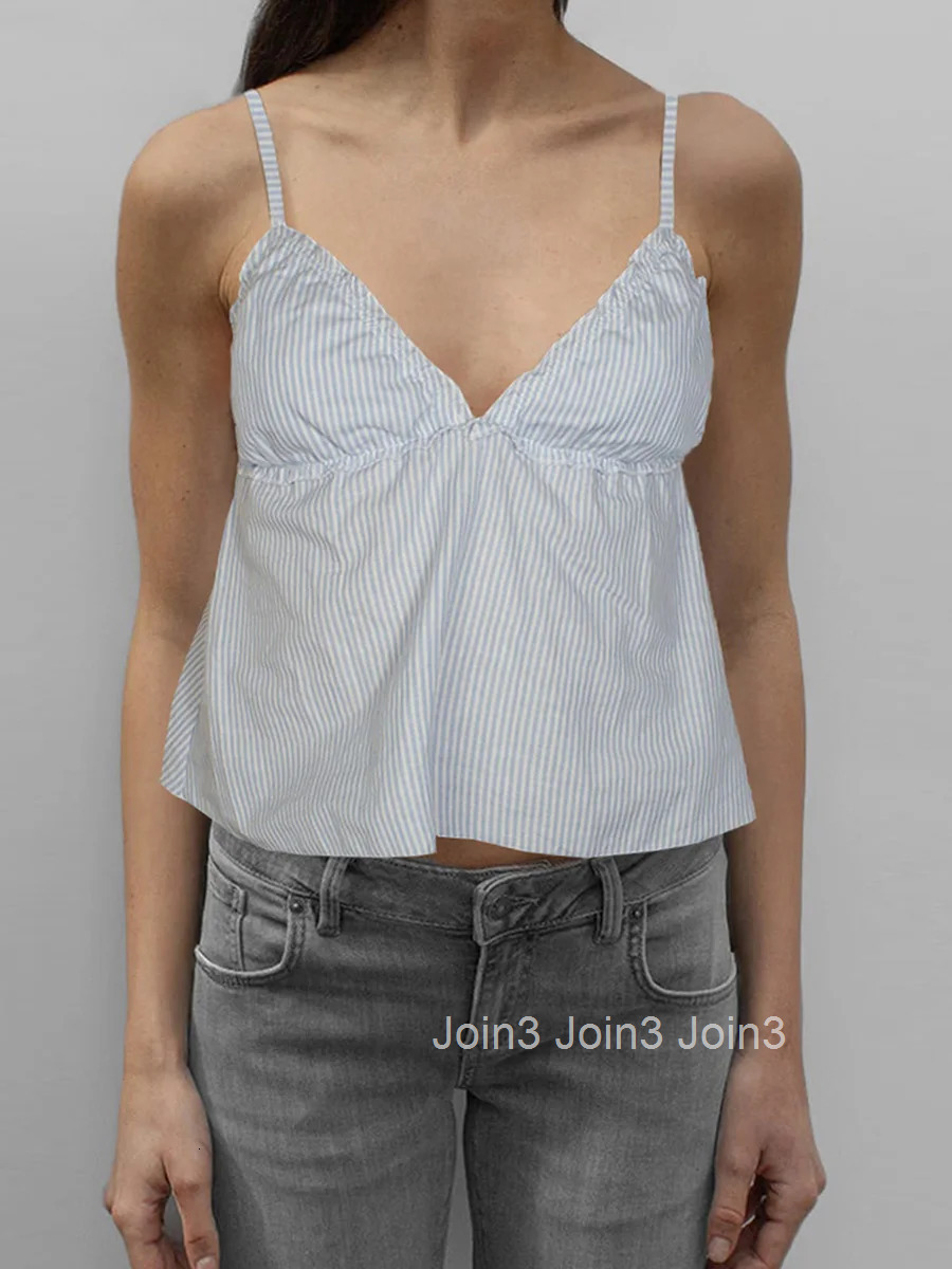 Womens Summer Striped Print V-neck Backless Camisole with Spaghetti Straps and Sleeveless Design for Casual Wear