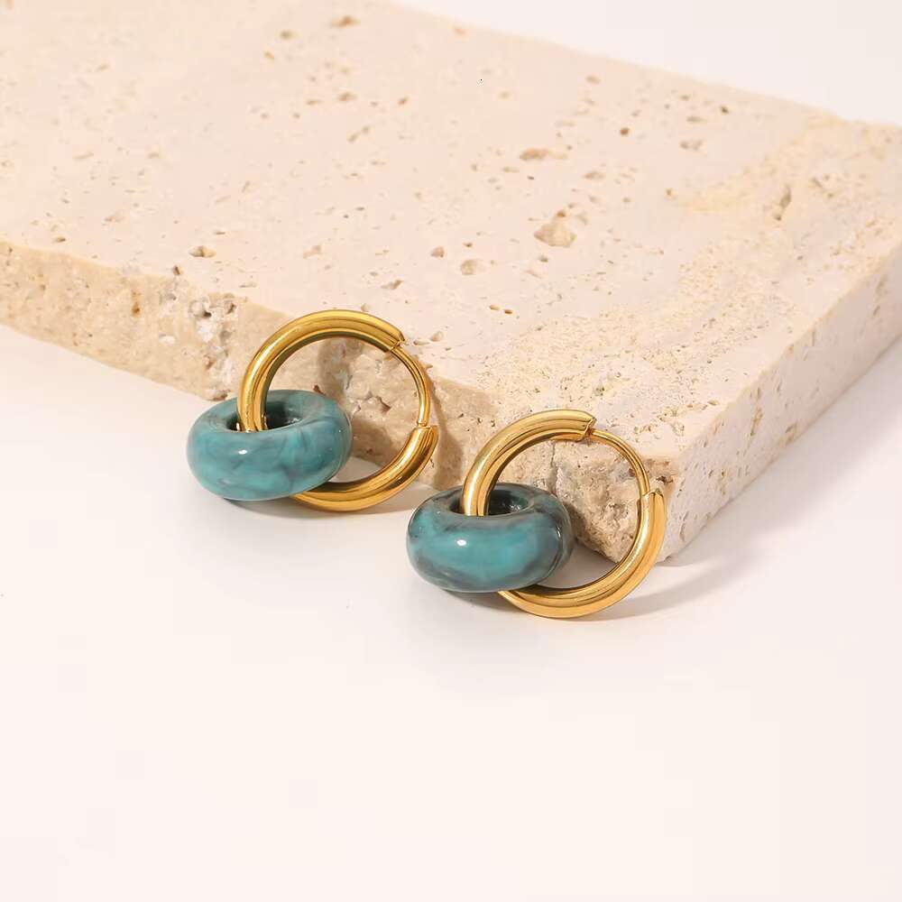 Hot Selling Natural Stones Earrings Stainless Steel 18K Gold Plated Ink Textured Stones Pendant Hoop Earrings for Women