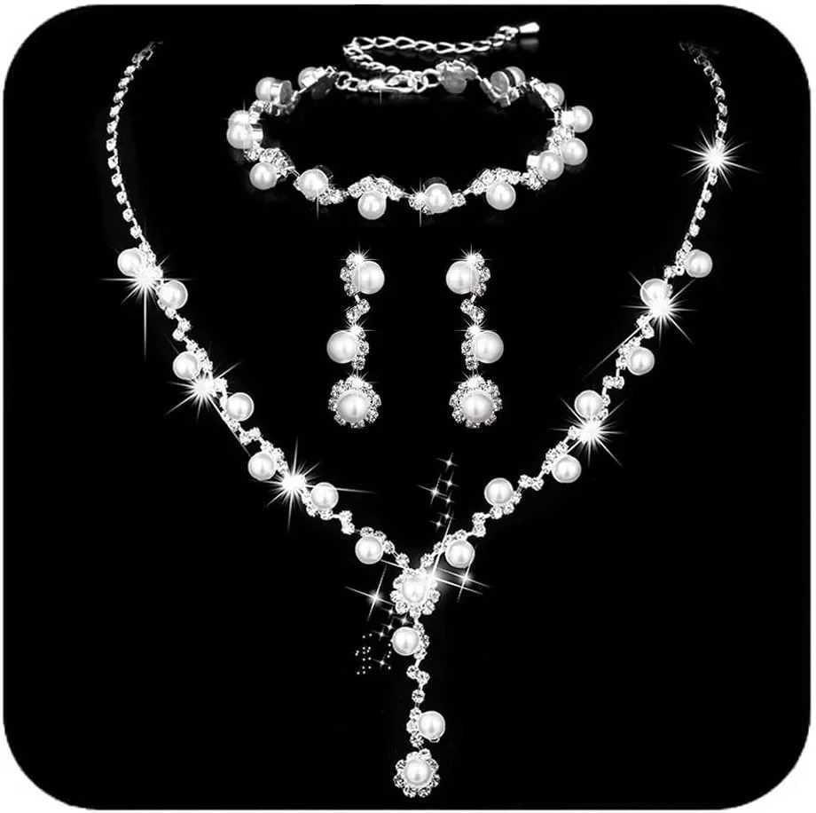 Silver Pearl Bridal Wedding Jewelry Set Rhinestone Necklace Earrings Sets Formal Costume Jewelry for Women and Brides Z250607