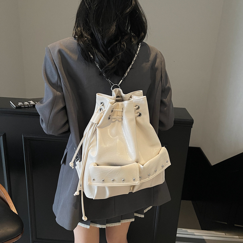 designer Korean Style Motorcycle Rivet Chain Tote Bag for Women, Multifunctional Backpack, Casual Versatile Commuter Large Capacity Shoulder Bag