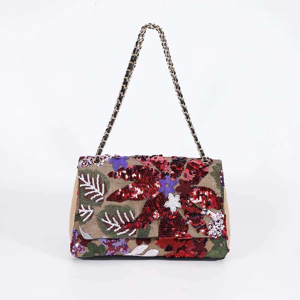 Women Straw Sequin Underarm Flower Pattern Large Capacity New Style Braided Chain Crossbody Border Shoulder Bag