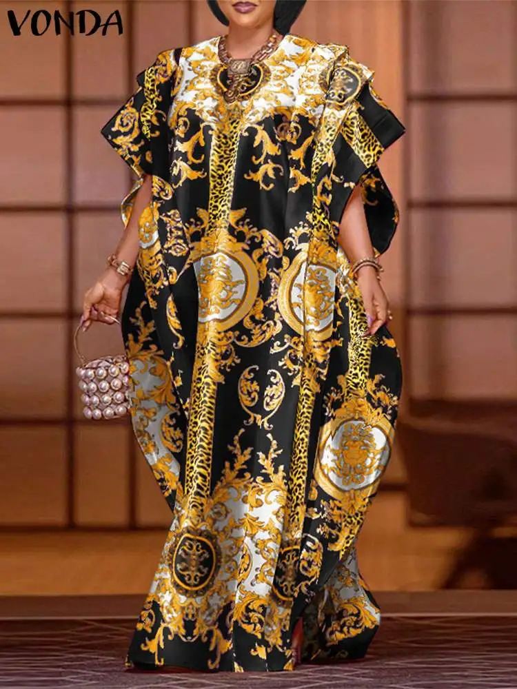VONDA Plus Size 5XL Elegant Maxi Long Dress 2024 Fashion Satin Sexy Printed Patchwork Batwing Sleeve Vestidos Ruffle Robe 250526
