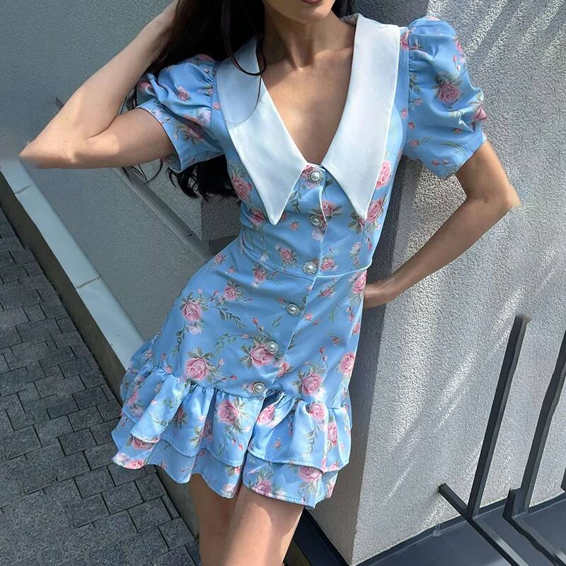 Tornova Print Puff Sleeves Ruffled Women's V-Neck High Waist Pearl Buttons Mini Female Casual Vacation Fashion Dress