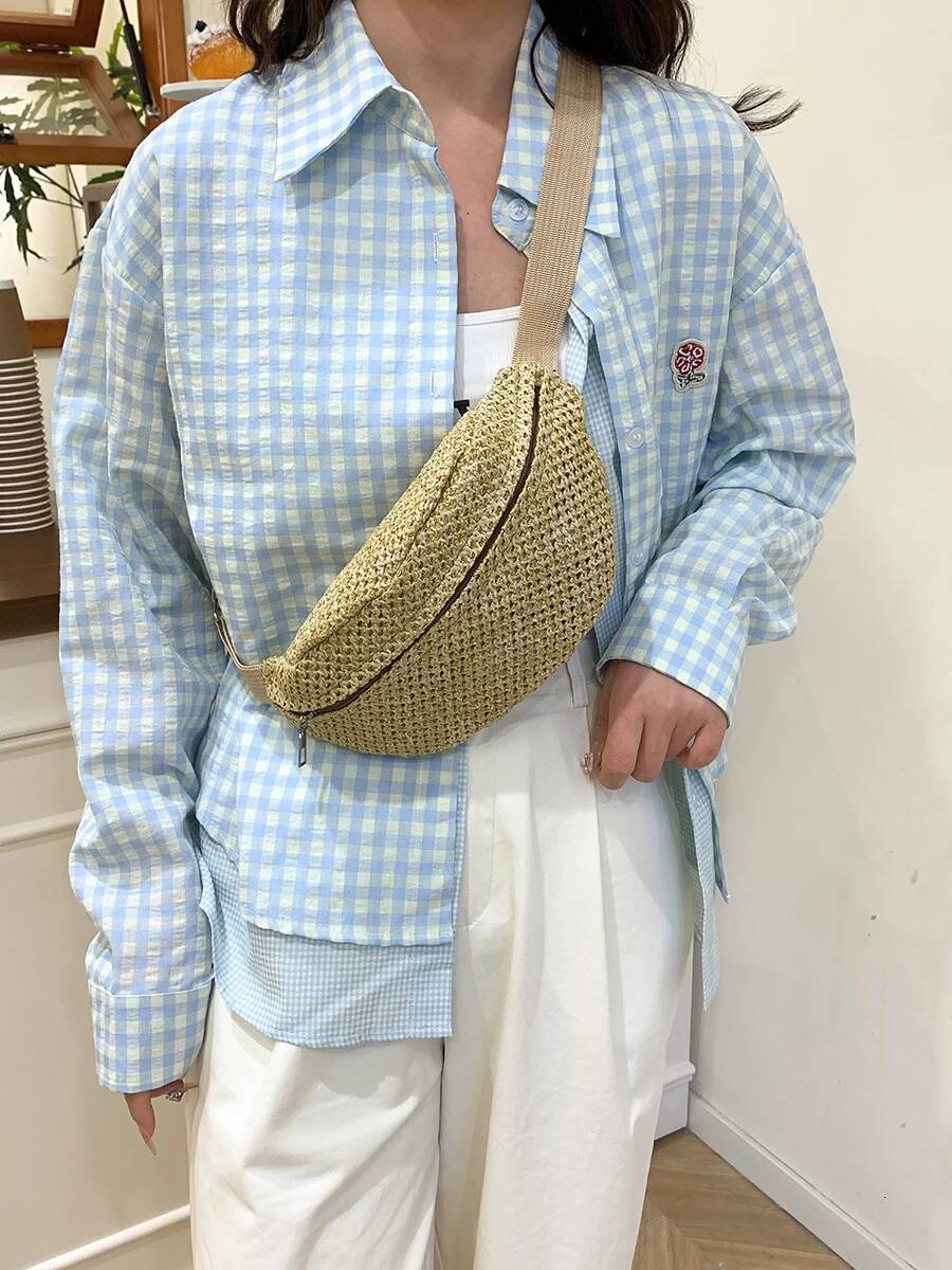 Chest Cross- Body Pouch Sling Travel Imitation Straw Woven Waist Purses Beach Bag
