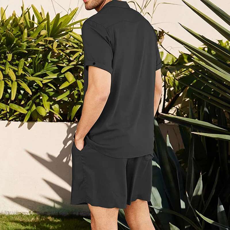 Mens Casual Two Piece Linen Outfit with Short Sleeve Button-up Shirt and Elastic Waist Shorts in Solid Color