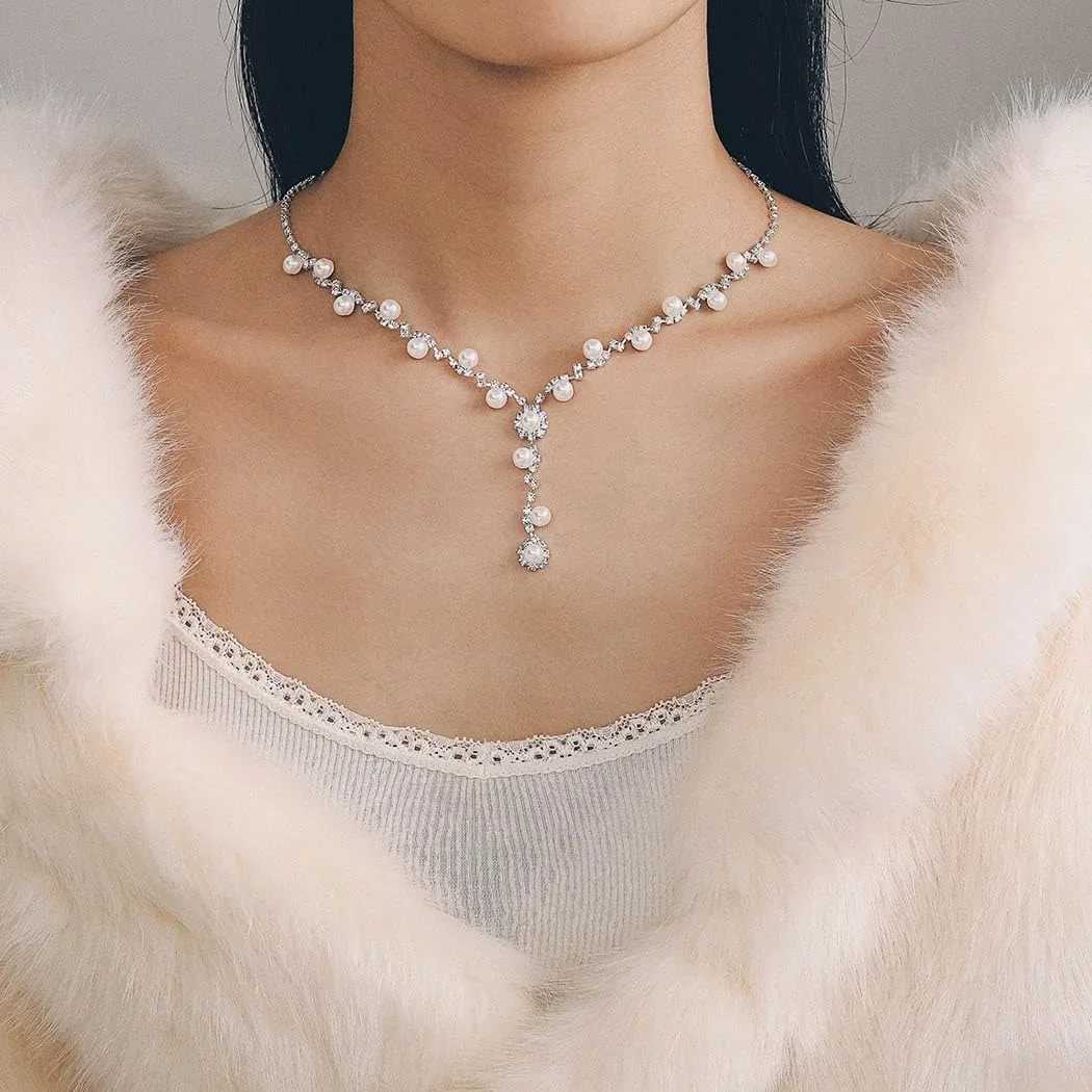 Silver Pearl Bridal Wedding Jewelry Set Rhinestone Necklace Earrings Sets Formal Costume Jewelry for Women and Brides Z250607