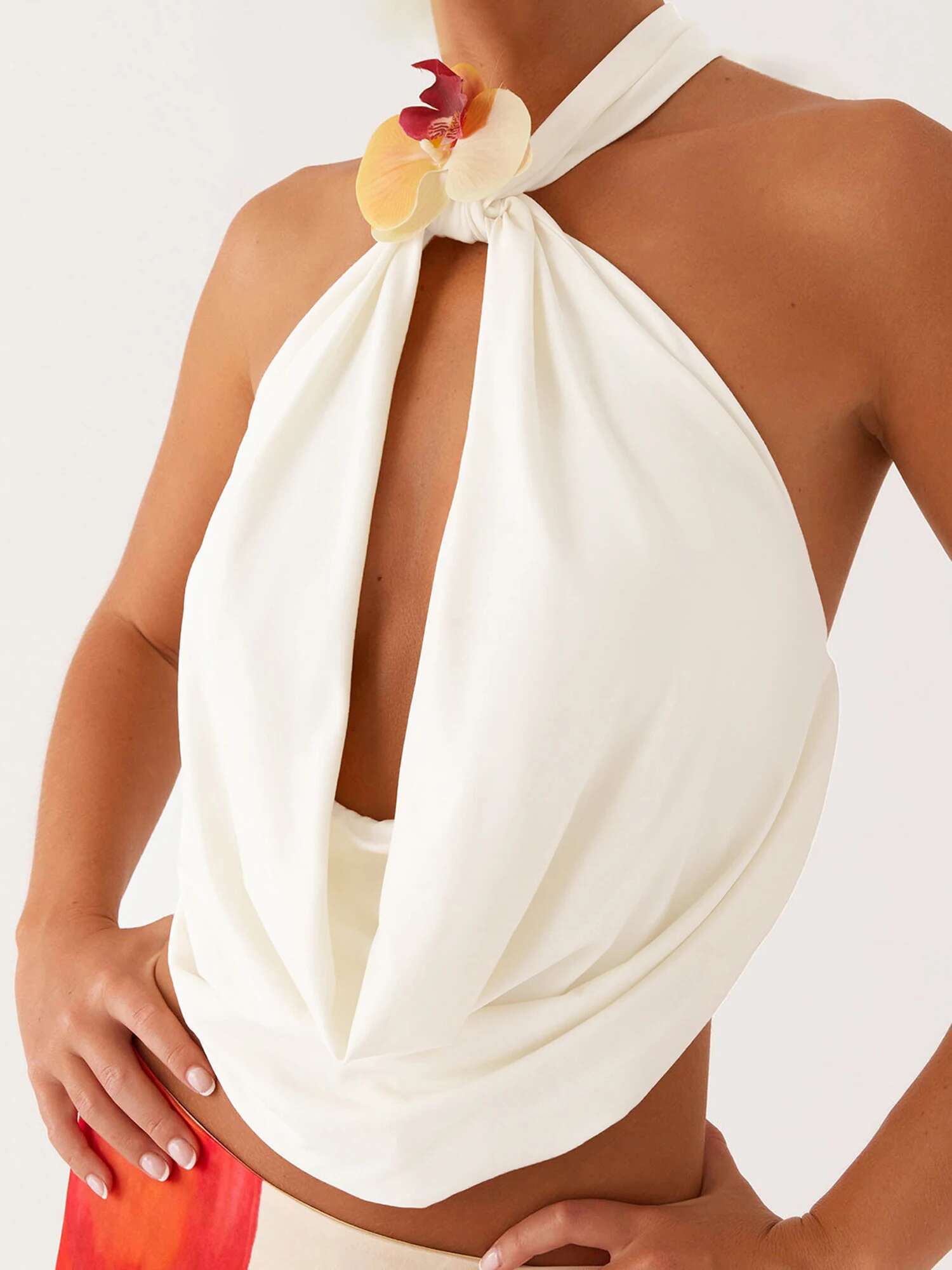 Womens Elegant Lace Halter Neck Sleeveless Blouse with 3d Floral Embroidery and Open Back Design for Summer Beach Party