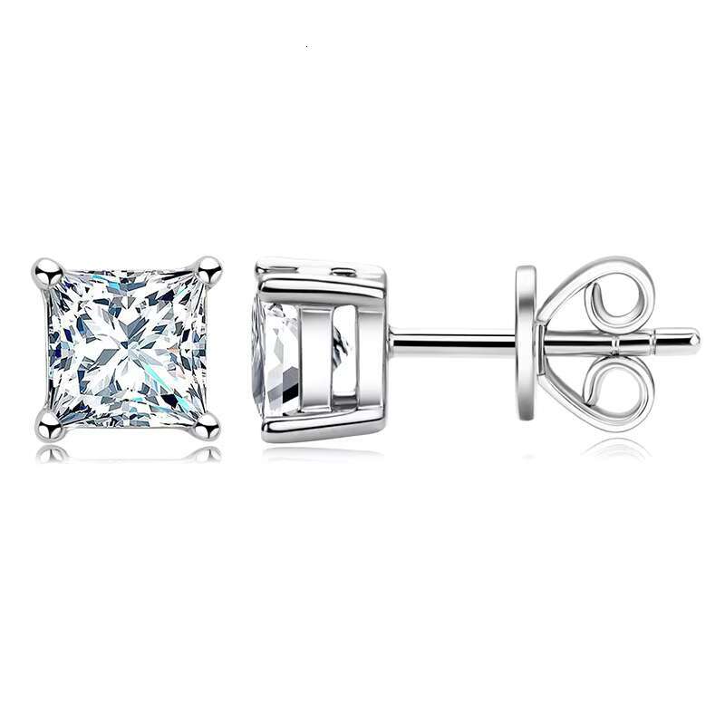 R.GEM. Women Fine Jewelry Moissanite Earrings 4-Prong Stud 0.5CT/1CT Square Princess Cut 925 Silver Moissanite Diamond Earrings