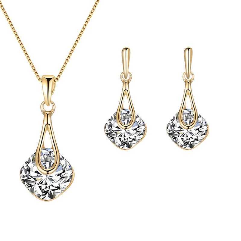 Fashion Women Water Drop Pendant Square Rhinestone Ear Stud Earrings Necklace Lady Jewelry Set Z250607
