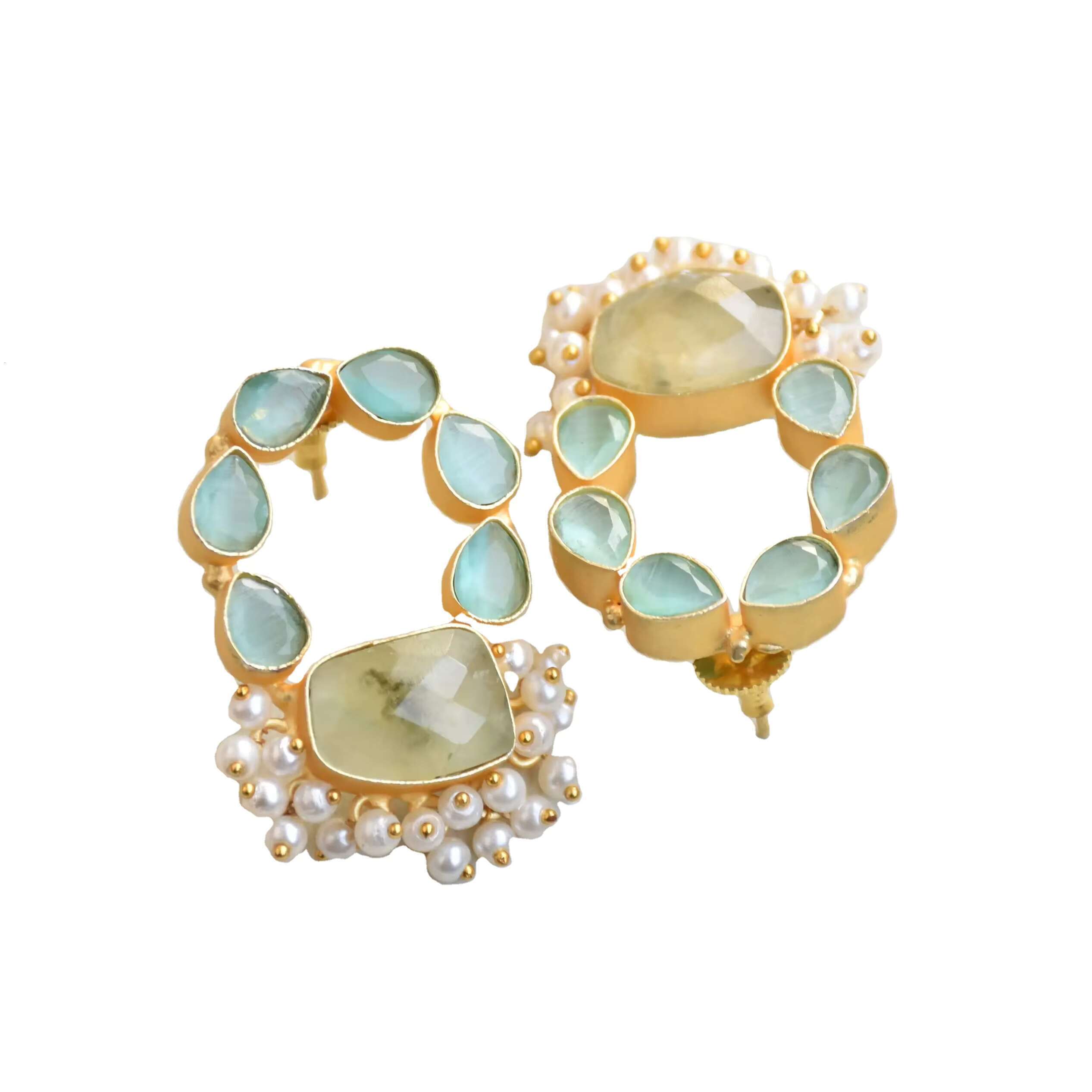 Handmade Womens Trendy Earrings Gold Plated Brass Jewelry With Semi-Precious Stones Natural Crystal Unique Stud Earrings Design