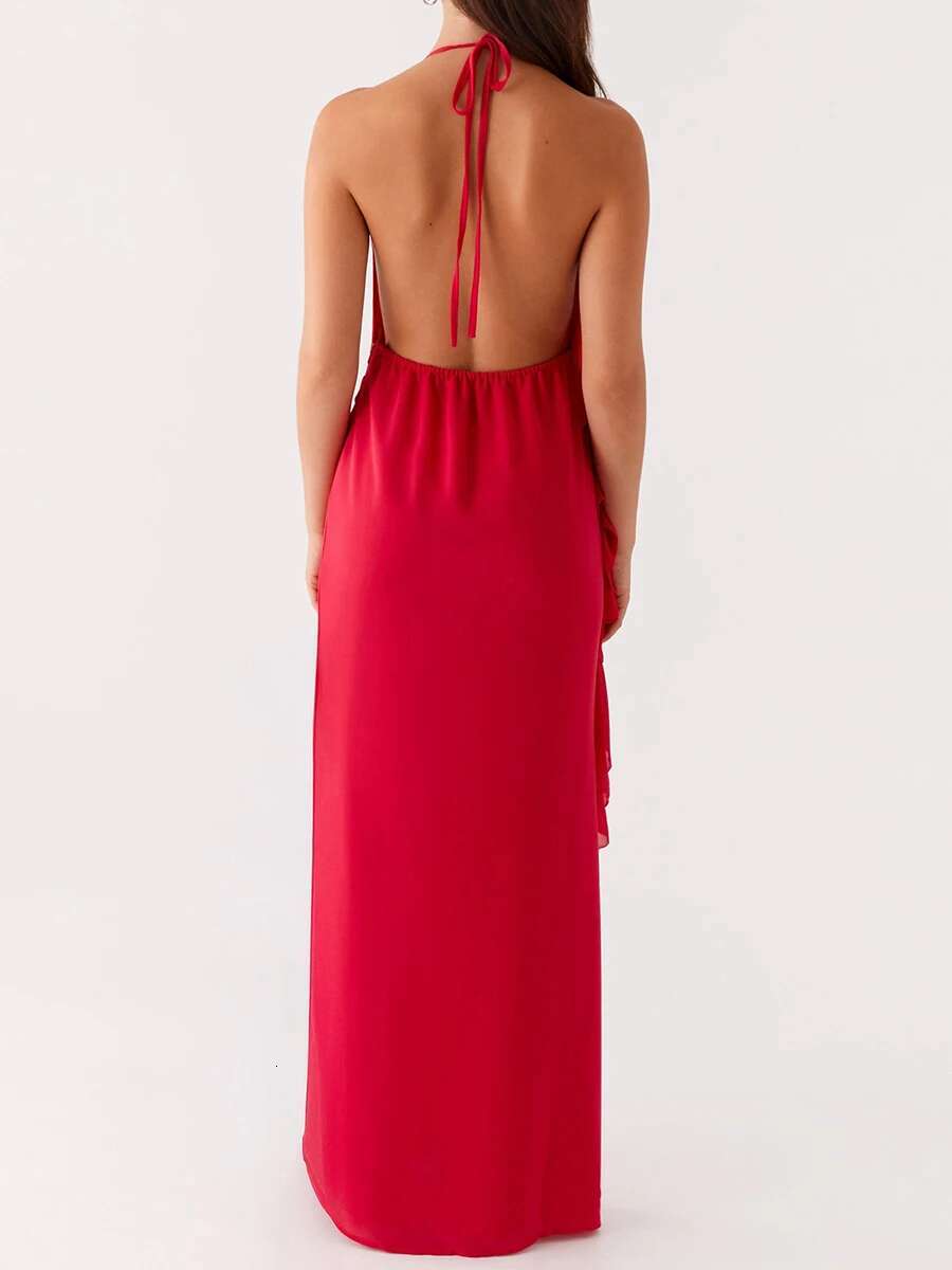 Elegant Lace Off-shoulder Maxi Dress with Flounce Hem and Open Back Detail for Wedding Evening Prom Party Beach Cocktail