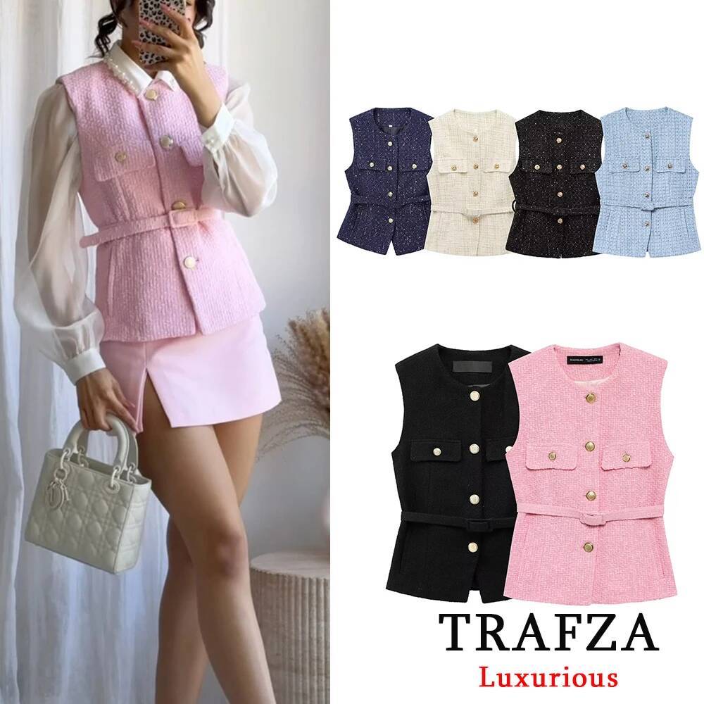 TRAFZA Vintage Belt Twist Waistcoats Women O Neck Sleeveless Gold Buttons Vest Fashion 2025 Spring Summer Office Lady Blazer Top