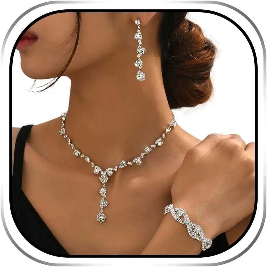 Jewelry Set for Women Rhinestone Earrings Silver Earring Necklace Party Prom Wedding Earrings Jewelry for Women Z250607