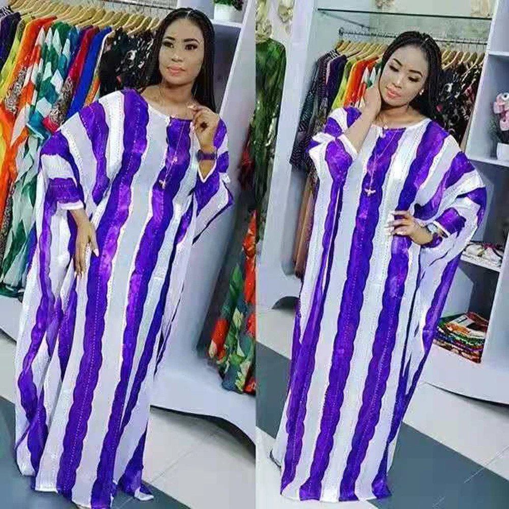 Arrivals Spring Striped Loose Fashion African Dresses for Women Bazin Riche Sexy Batwing Sleeve Femme Robe 250603