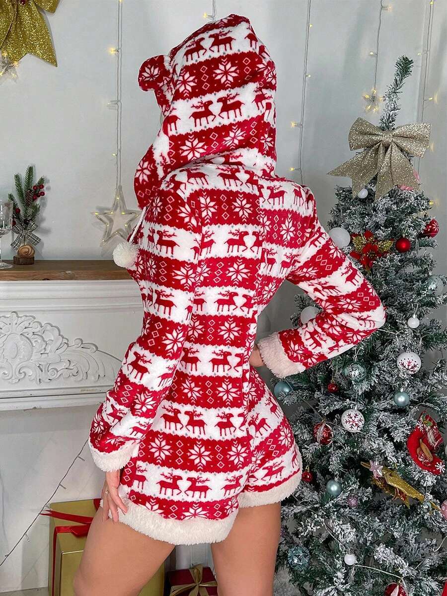 Womens Christmas Jumpsuit Festive Long Sleeve Hooded Bodysuit with Zipper Closure and Reindeer Patchwork Design Cozy