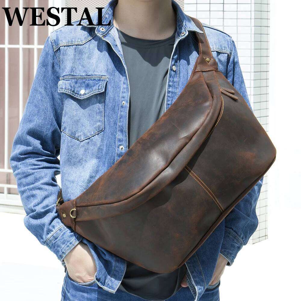 WESTAL Crazy Horse Leather Chest For Men Large Capacity Fanny Waist Packs Hip Bag Sling Side Pouch Outdoors Sports Riding