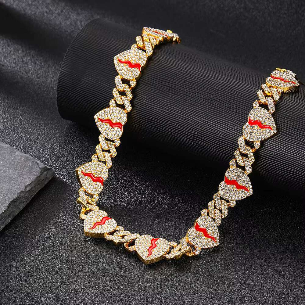 Hip Hop 12MM Punk Red Broken Heart Gold Miami Cuban Chain Necklace Bracelet for Men Women Gift