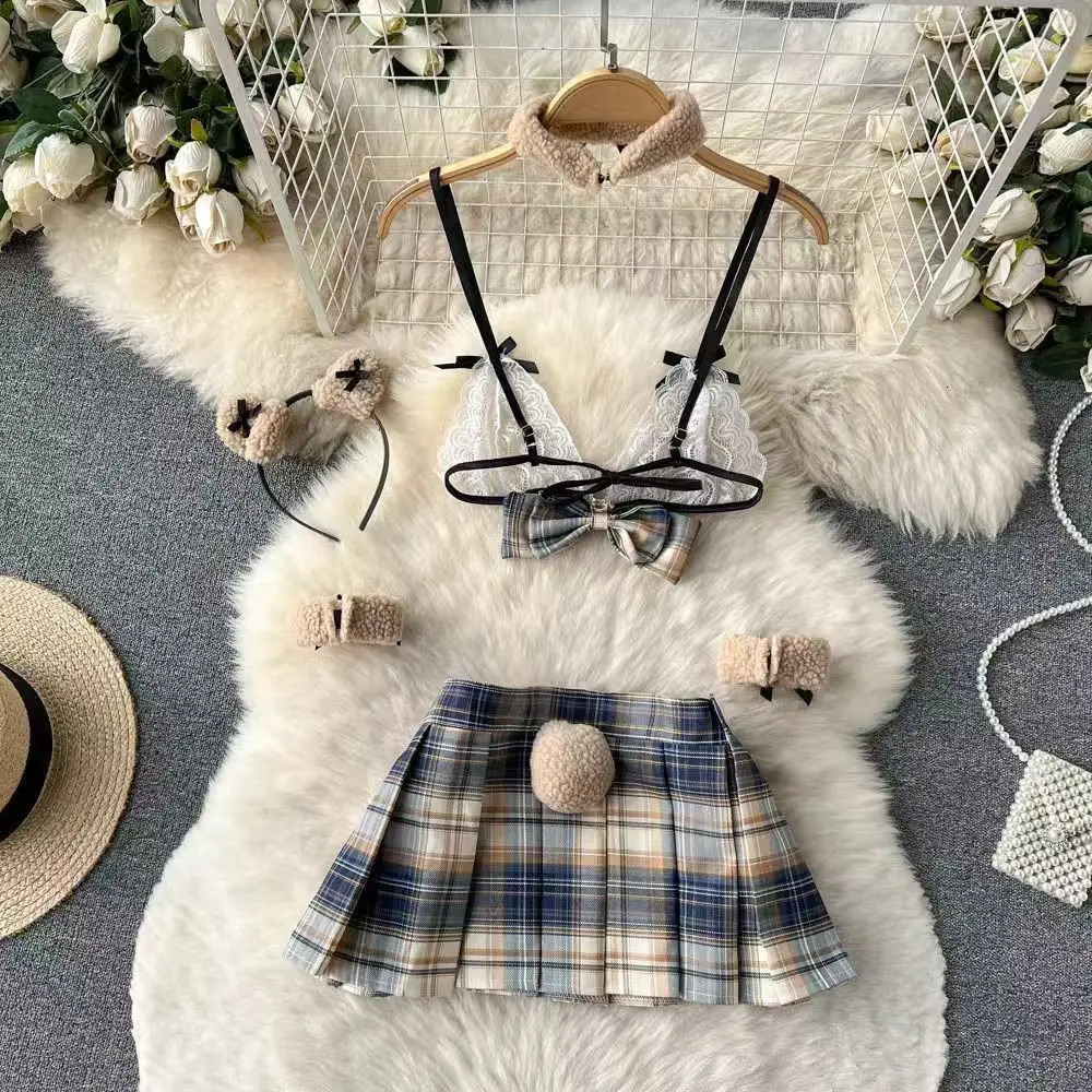 Preppy Style Role-play Womens Sexy Jk Set Japan Erotic Lingerie Skirt Set See Through Lace Camisole Plaid Pleated Mini Skirt 250603