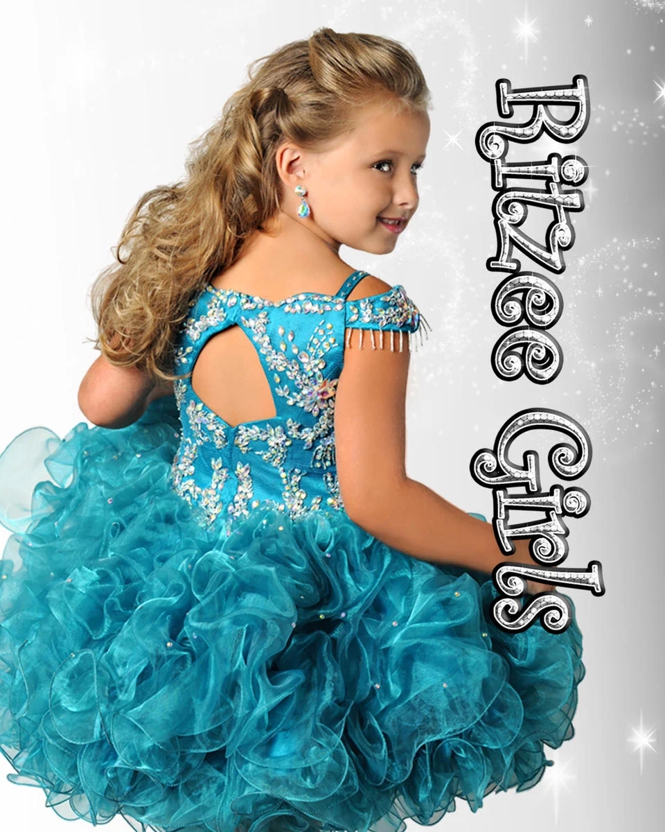 2026 Girls Pageant Dresses with Straps and Crystals Real Pictures Tiered Ruffled Organza Cupcake Girls Gowns Off Shoulder Fuchsia Jade Custom Made