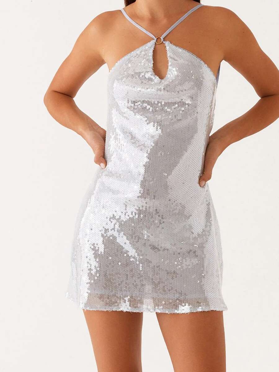 Elegant Womens Sequin Mini Dress with Spaghetti Straps and Backless Design Perfect for Summer Fashion Parties and Events