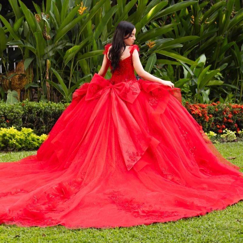 Red Off The Shoulder Ball Gown Quinceanera Dresses Appliques Flower Beading Crystal Tull Sweet 16 Dress vestidos 15 anos