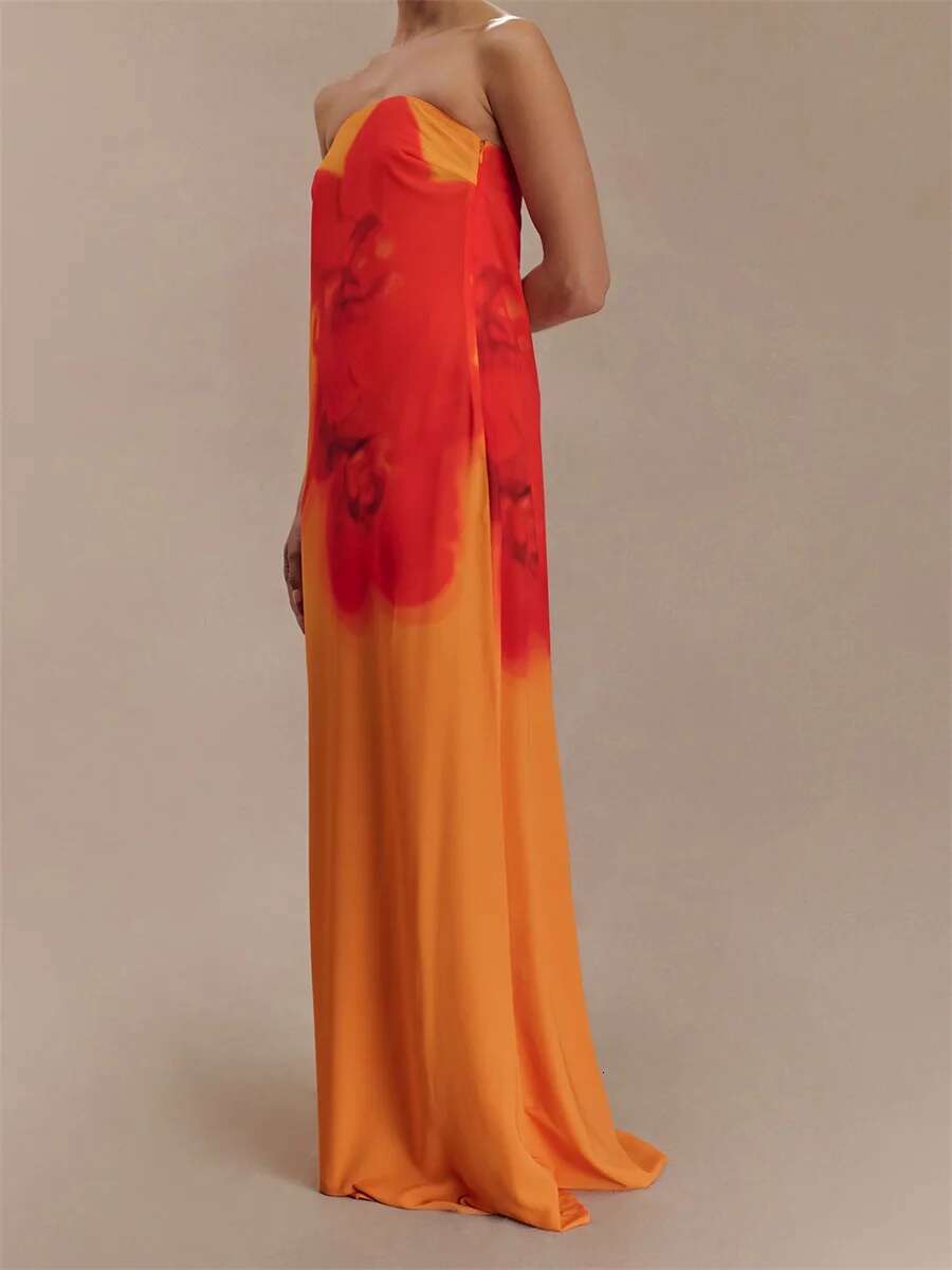 Women Long Dress Floral Print Tube Dress Summer Fashion Backless Casual Strapless Dress